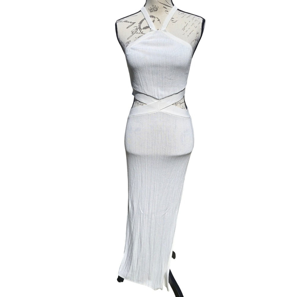RNWY White Ribbed Knit‎ Halter Cutout Maxi Dress Side Slit Size 8